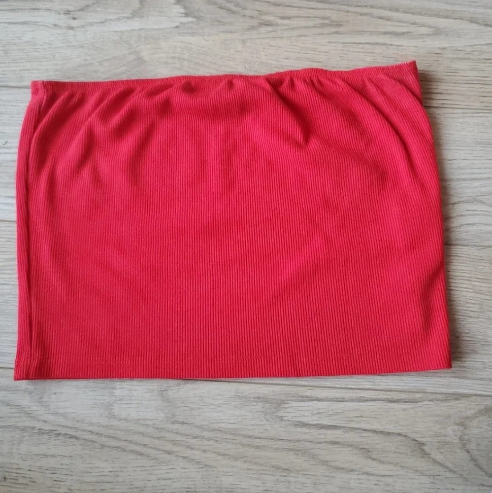 Red Ribbed Cropped Tube Top, Size Small - Picture 2 of 4